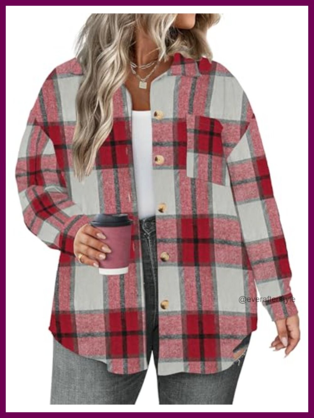 Plus Size Plaid Shacket Flannel Button Down Shirt Casual Coat